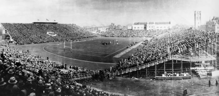 Fans packed the old Stagg Field, once the largest stadium in the Big Ten, for Chicago vs. Michigan, 1927.